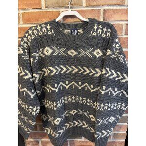 Vtg GAP Knit Wool Sweater Mens Large Gray White Geometric Pattern Y2K